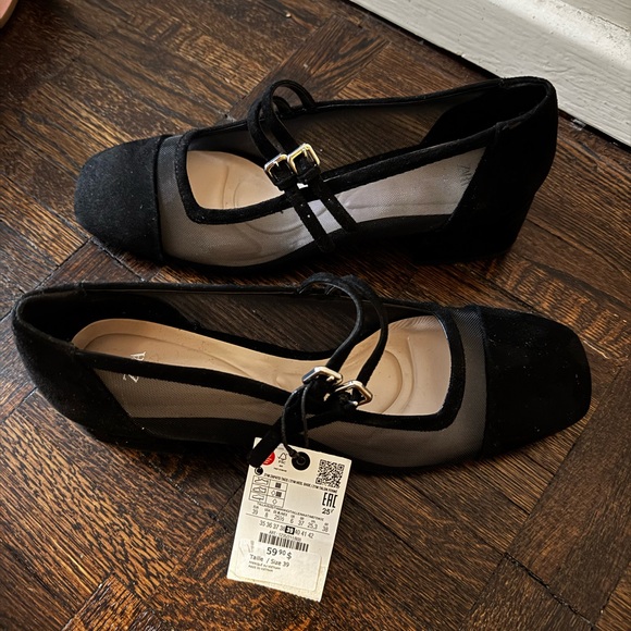 NWT | Zara Black Mesh and Suede Mary Jane Block Heels | Size 8 / 39 - Picture 3 of 13